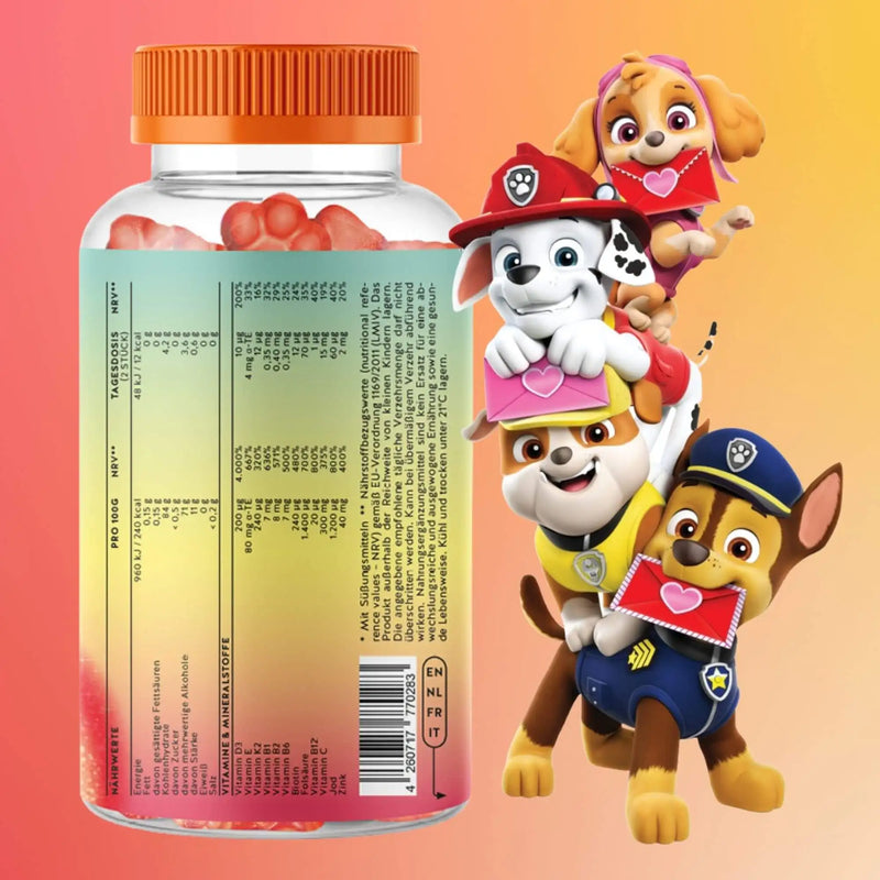 Ecco il retro della confezione degli Orsetti Paw Patrol con Complesso Multivitaminico per bambini. Su di essa sono riportate le informazioni nutrizionali del prodotto.