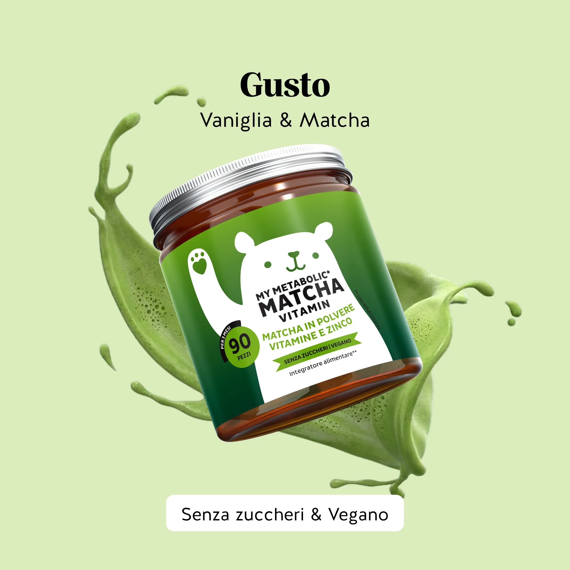 Bears with Benefits My Metabolic Matcha Vitamin – Orsetti gommosi al gusto vaniglia e matcha con vitamine e zinco per la routine quotidiana, 90 pezzi, senza zuccheri e vegani