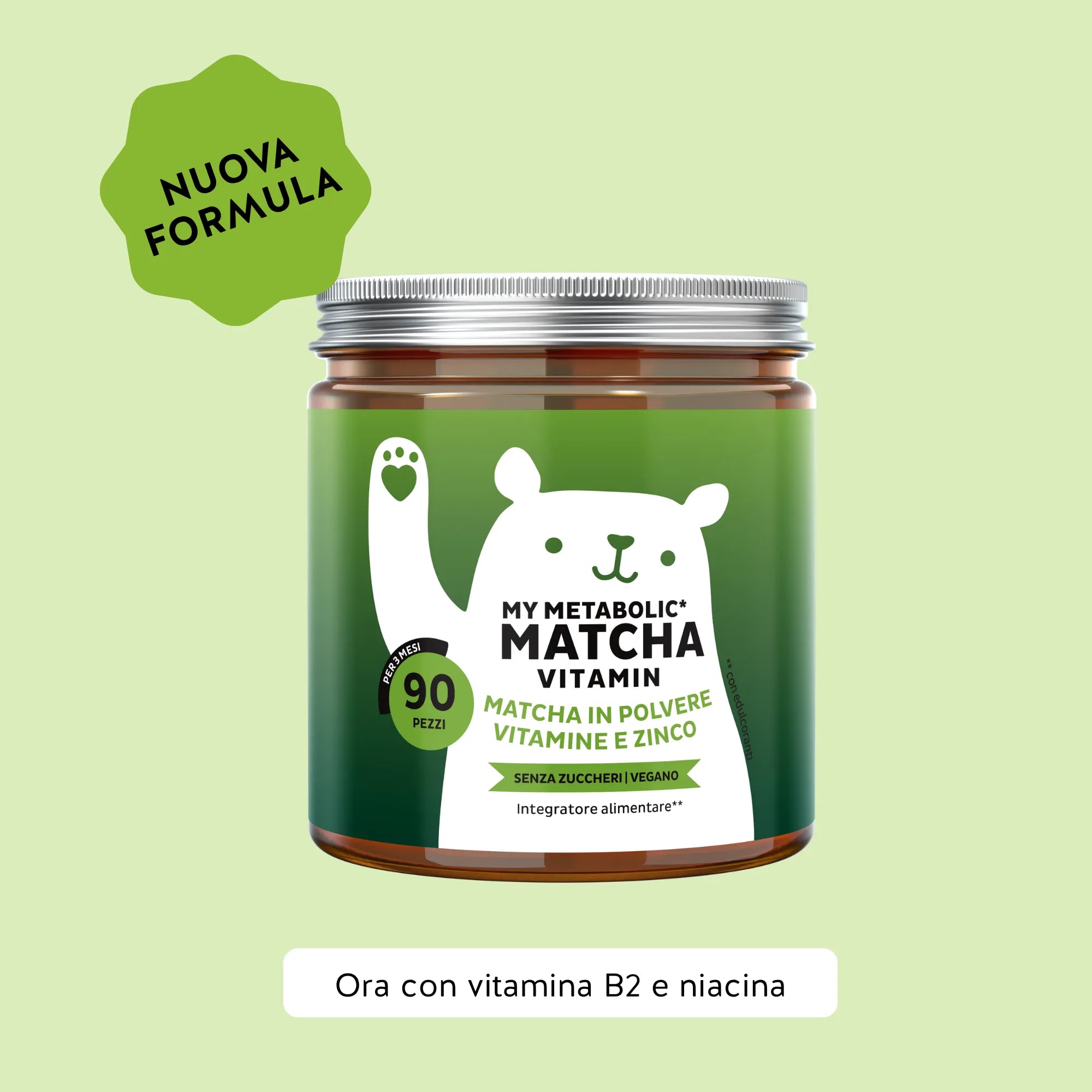 Bears with Benefits My Metabolic Matcha Vitamin – Orsetti gommosi con 80 mg di matcha in polvere, vitamina B12, riboflavina, niacina e zinco per il normale metabolismo energetico, 90 pezzi, senza zuccheri e vegani