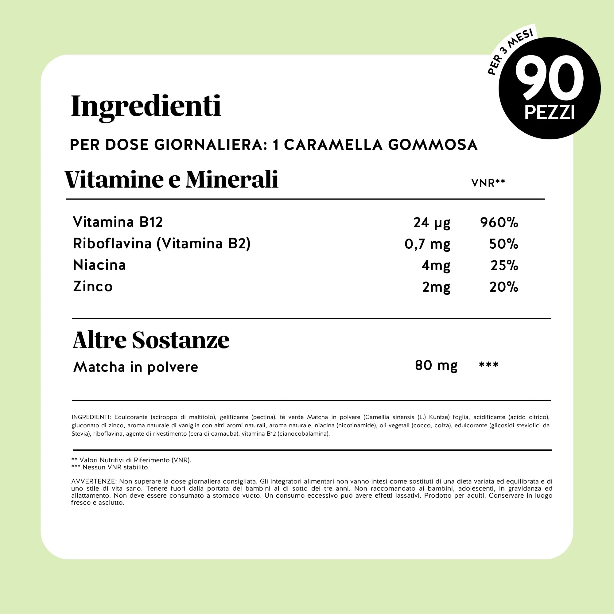 Bears with Benefits My Metabolic Matcha Vitamin – Tabella ingredienti con vitamina B12 24 µg, riboflavina 0,7 mg, niacina 4 mg, zinco 2 mg e matcha in polvere 80 mg per orsetto gommoso