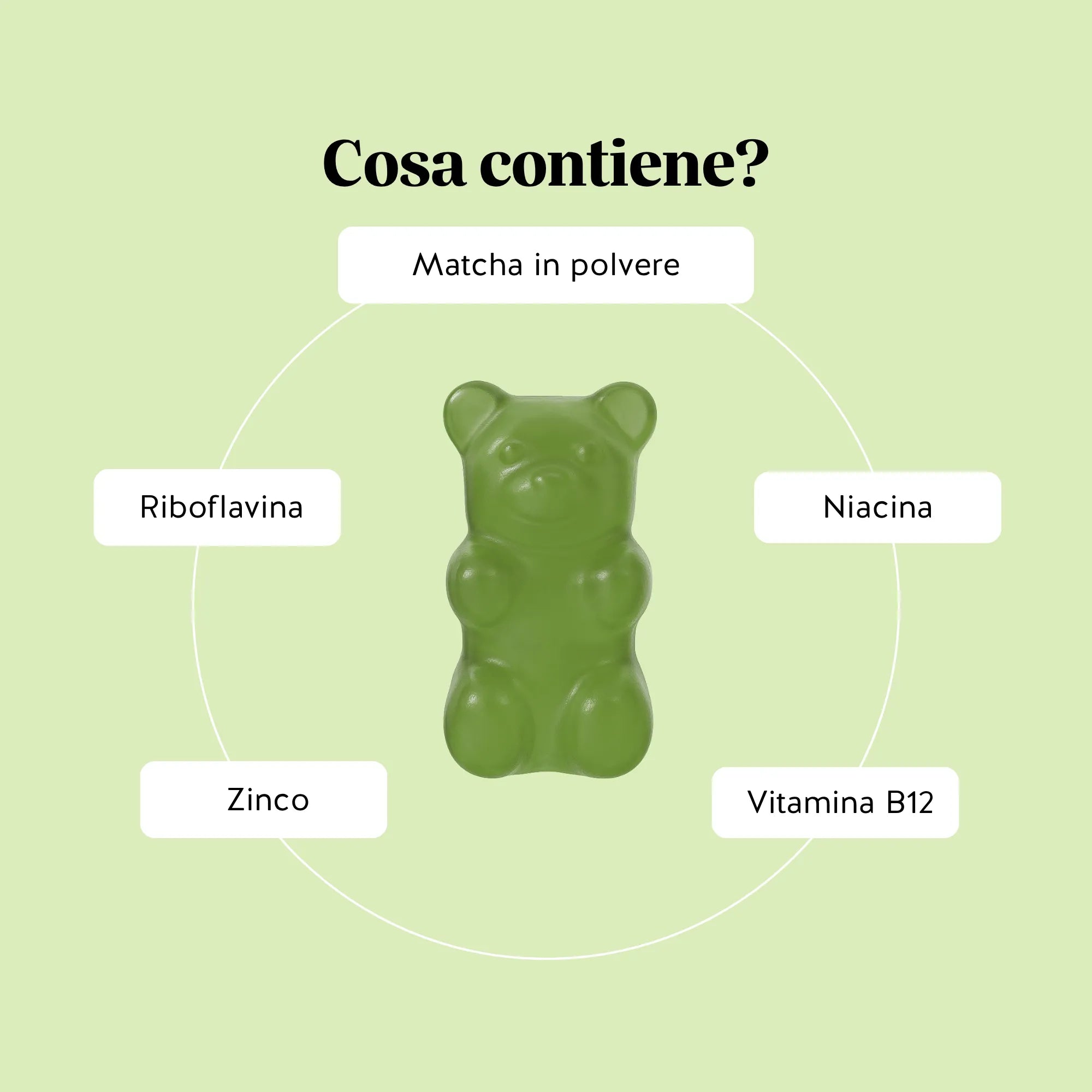 Ingredienti degli orsetti gommosi My Metabolic* Matcha di Bears with Benefits con vitamina B12, riboflavina, niacina, zinco e 80 mg di matcha in polvere, in una formula vegana e senza zuccheri per la routine quotidiana.