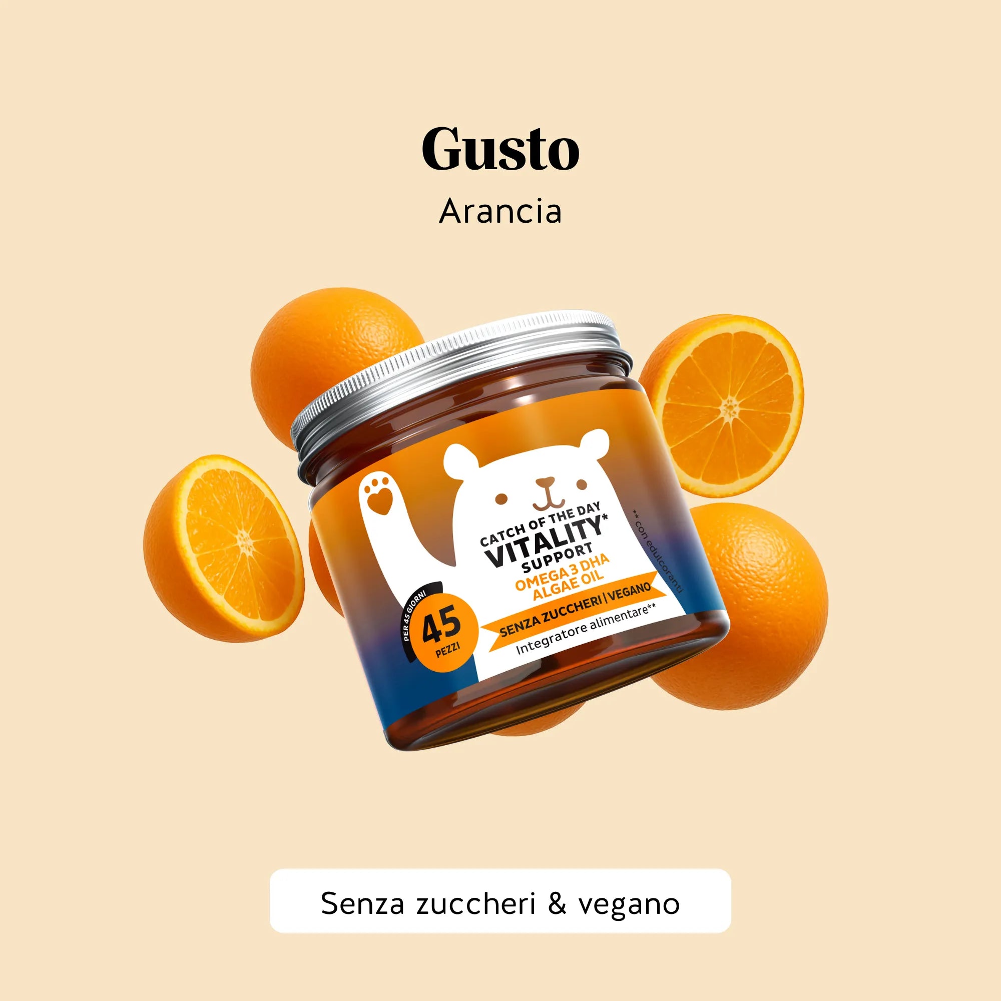 Raccomandazione di consumo di Catch Of The Day Vitality* Support di Bears with Benefits: 1 caramella gommosa al giorno. Formato barattolo da 45 orsetti.
