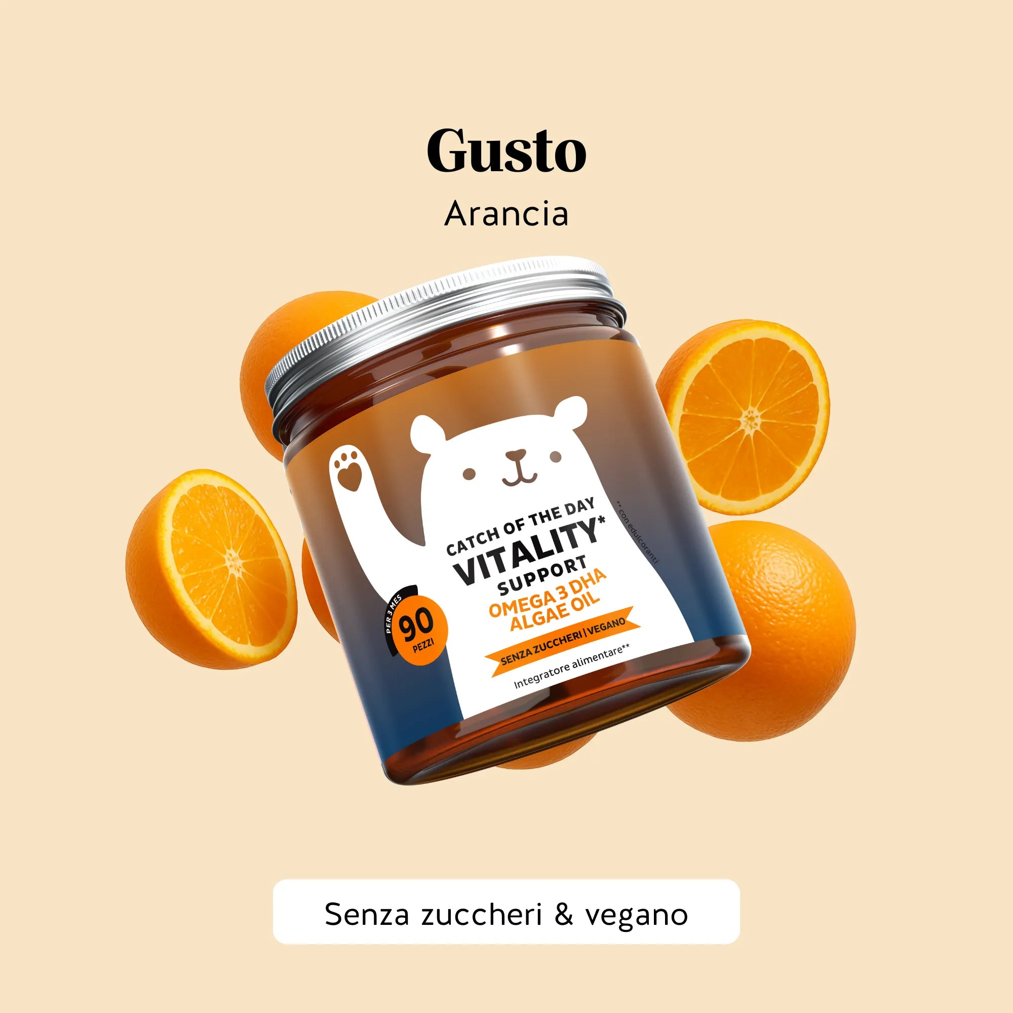 Raccomandazione di consumo di Catch Of The Day Vitality* Support di Bears with Benefits: 1 caramella gommosa al giorno. Formato barattolo da 90 orsetti.
