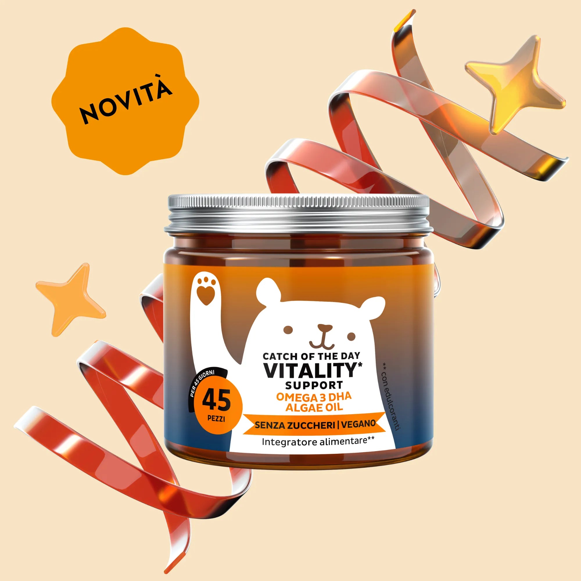 Immagine del barattolo da 45 orsetti di Catch Of The Day Vitality* Support di Bears with Benefits, formula vegana senza zucchero con aroma naturale di arancia, con vitamina C e DHA da microalghe.