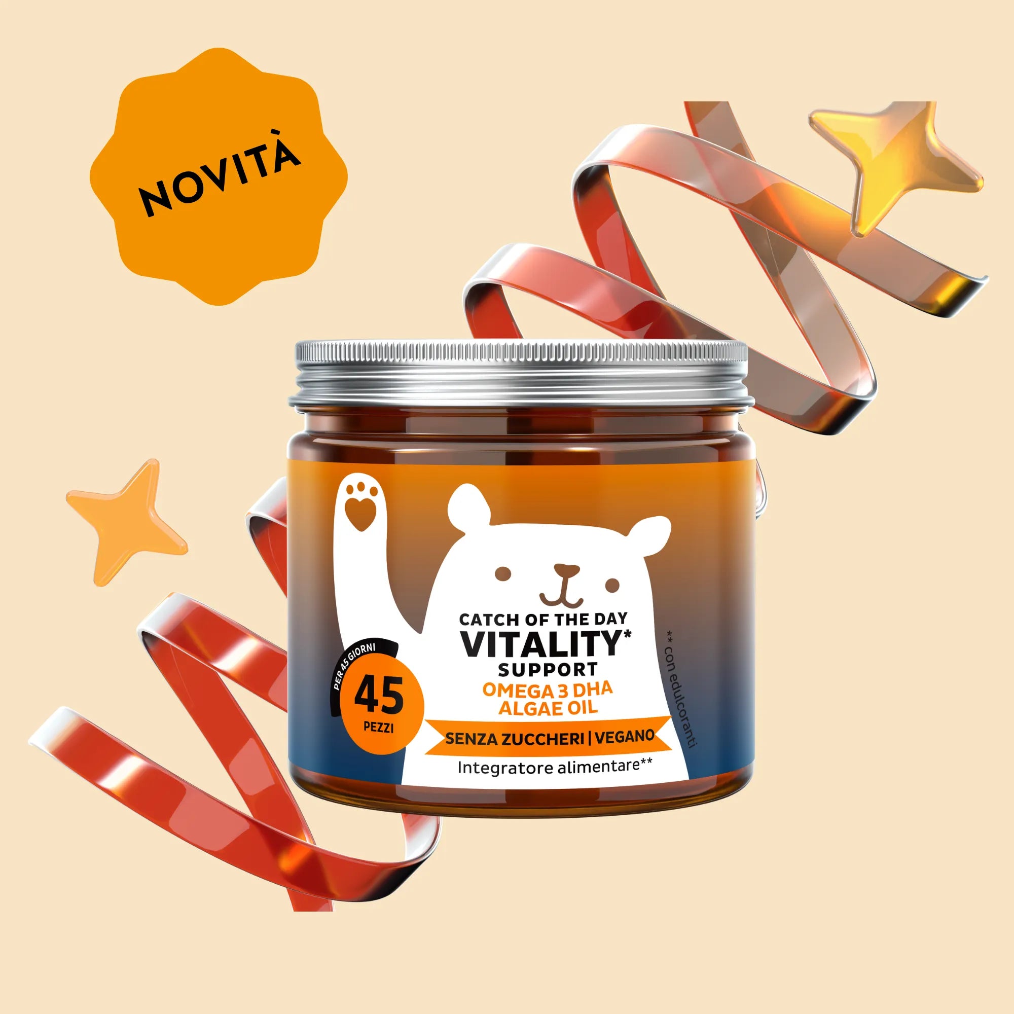 Immagine del barattolo da 45 orsetti di Catch Of The Day Vitality* Support di Bears with Benefits, formula vegana senza zucchero con aroma naturale di arancia, con vitamina C e DHA da microalghe.

