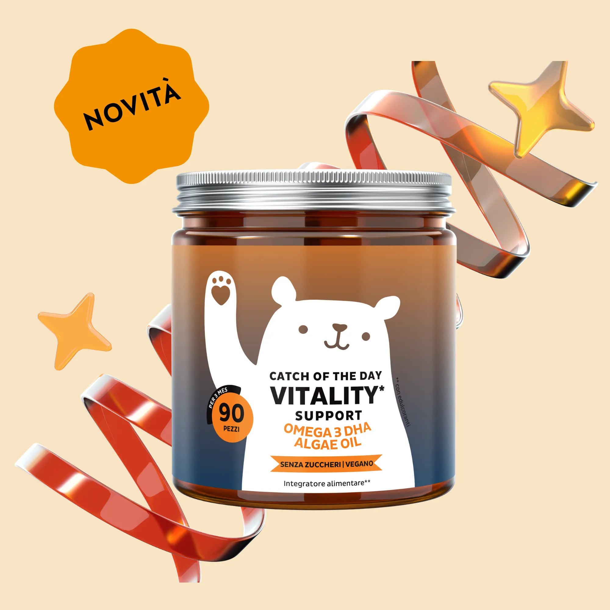 Immagine del barattolo da 90 orsetti di Catch Of The Day Vitality* Support di Bears with Benefits, formula vegana senza zucchero con aroma naturale di arancia, con vitamina C e DHA da microalghe.

