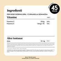 Tabella valori nutrizionali e sostanze attive di Catch Of The Day Vitality* Support di Bears with Benefits per dose giornaliera (1 caramella gommosa): vitamina C, vitamina E e DHA.
