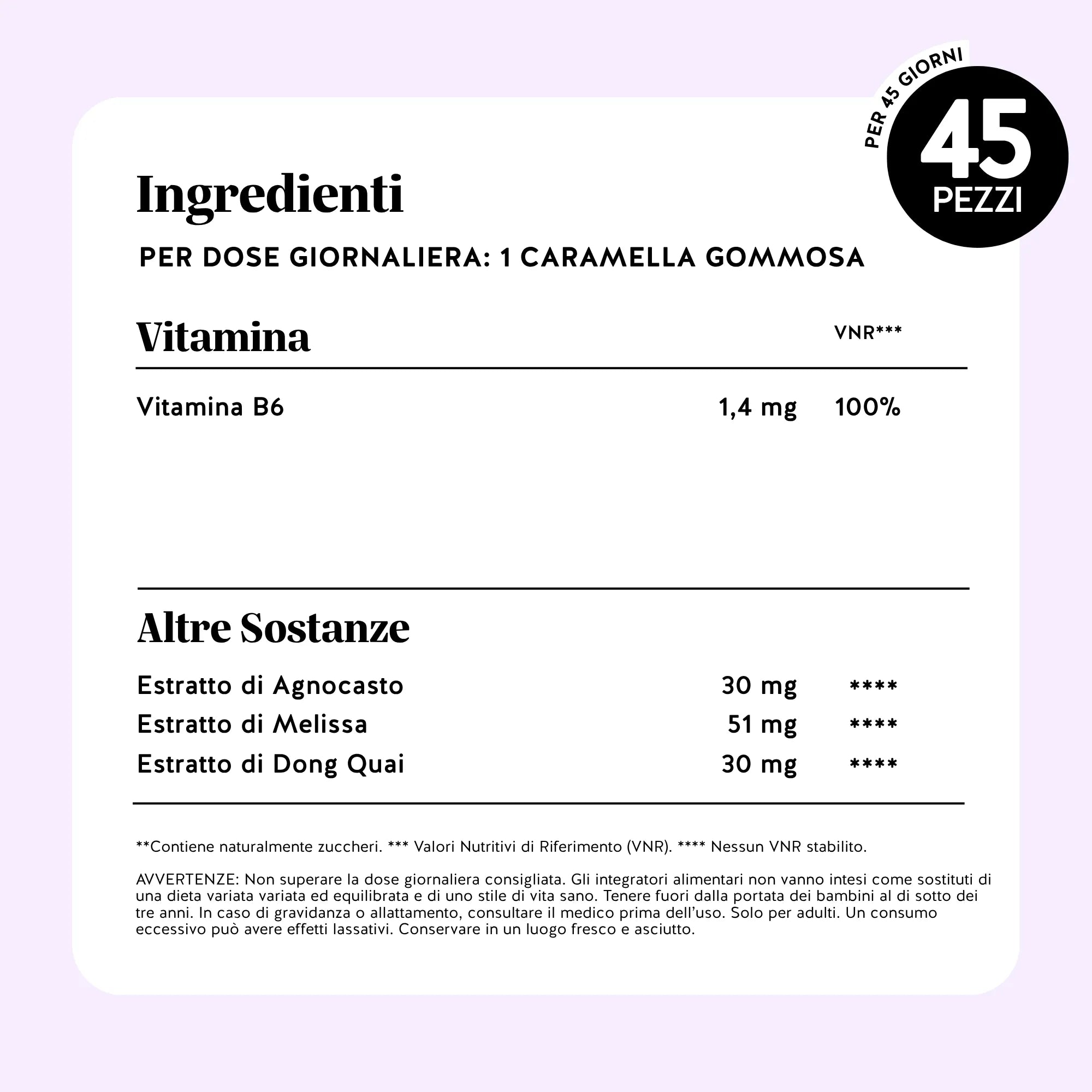 Tabella ingredienti di Femtastic PMS* Vitamin con vitamine e attivi selezionati per il supporto dell’equilibrio ormonale