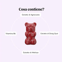 Ingredienti contenuti nel prodotto Femtastic PMS* Vitamin di Bears with Benefits in formato caramelle gommose, per il supporto dell’equilibrio ormonale e del benessere femminile.