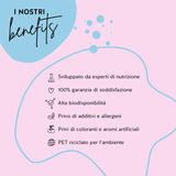 I prodotti Bears with Benefits sono stati sviluppati con farmacisti, hanno un'alta biodisponibilità e sono senza glutine e lattosio. Il packaging è fatto di PET riciclato e c'è una garanzia di soddisfazione.