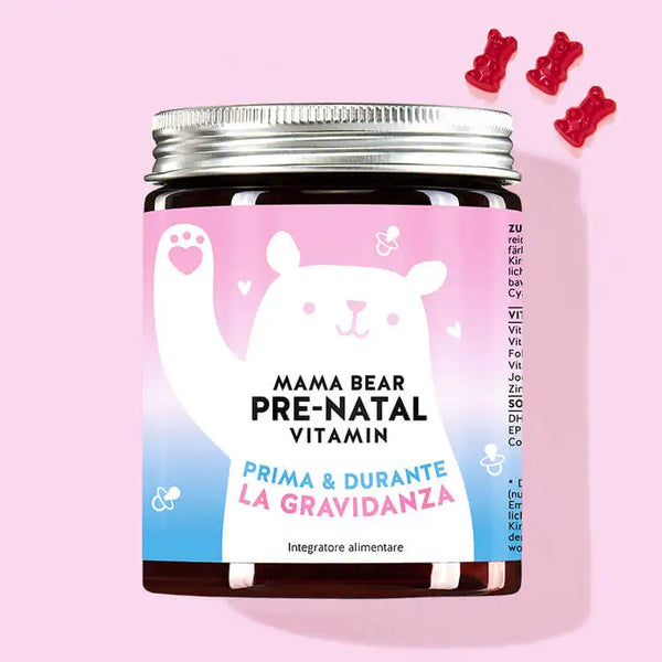 Una confezione di vitamine Mama Bear Pre-Natal con acidi grassi omega 3 EPA e DHA da Bears with Benefits come sostegno prima e durante la gravidanza.
