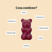 Bears with Benefits Queen of Iron Power – Formula in caramelle gommose con ferro, vitamine B6, B12, C e D, tiamina e iodio per supportare l’energia quotidiana, il sistema immunitario e il benessere generale.