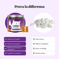 Bears with Benefits Re•Balance Menopause Support – Confronto caramelle gommose vs compresse: formato pratico, senza zuccheri e dal gusto papaya per il benessere femminile quotidiano