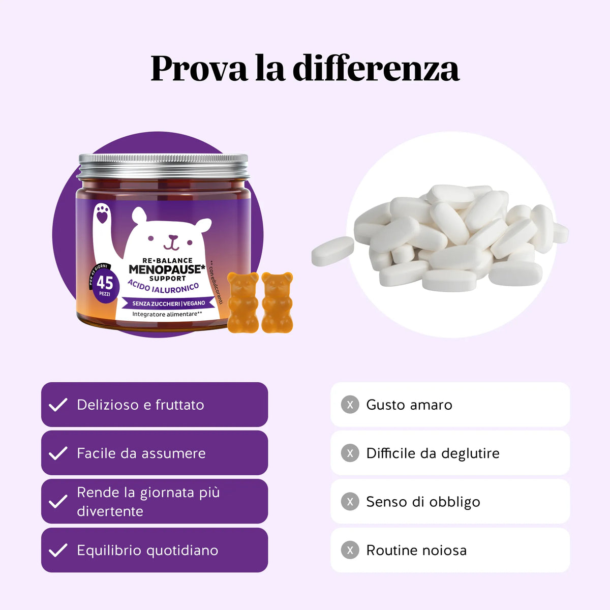 Bears with Benefits Re•Balance Menopause Support – Confronto caramelle gommose vs compresse: formato pratico, senza zuccheri e dal gusto papaya per il benessere femminile quotidiano
