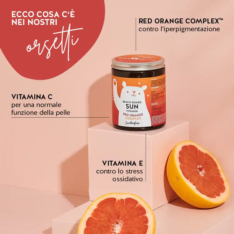 Questi ingredienti e nutrienti si trovano nelle Vitamine Beach Guard Sun di Bears with Benefits: Red Orange Complex, vitamina C et E