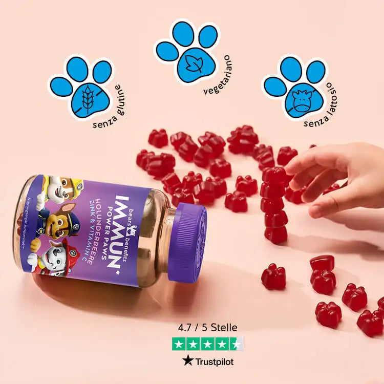 Questa immagine mostra i benefici del prodotto Immune Power Paws con sambuco per bambini di Bears with Benefits. Senza glutine, vegetariano e senza lattosio.