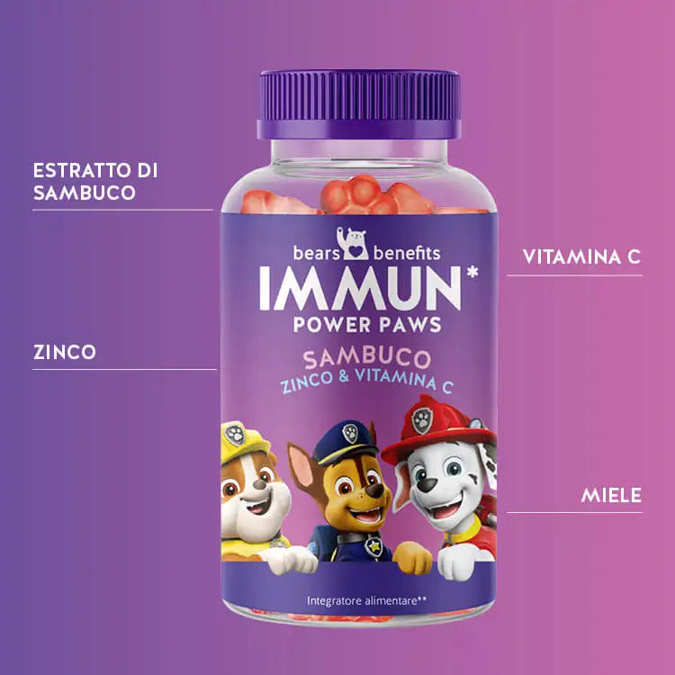 Questa immagine mostra gli ingredienti del prodotto Immune Power Paws Bears for Kids con sambuco. Estratto di sambuco, zinco, vitamina C e miele.