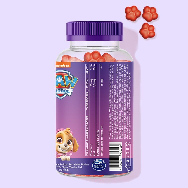 Ecco il retro della confezione di Immune Power Paws Bears for Kids con Sambuco. Mostra le informazioni nutrizionali e l'elenco degli ingredienti del prodotto.