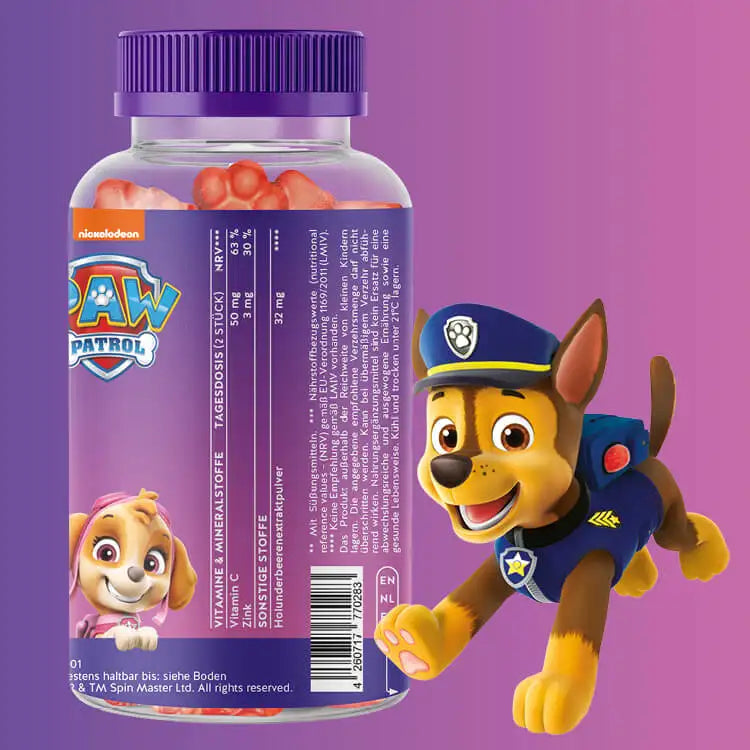 Ecco il retro della confezione di Immune Power Paws Bears for Kids con Sambuco. Mostra le informazioni nutrizionali e l'elenco degli ingredienti del prodotto.