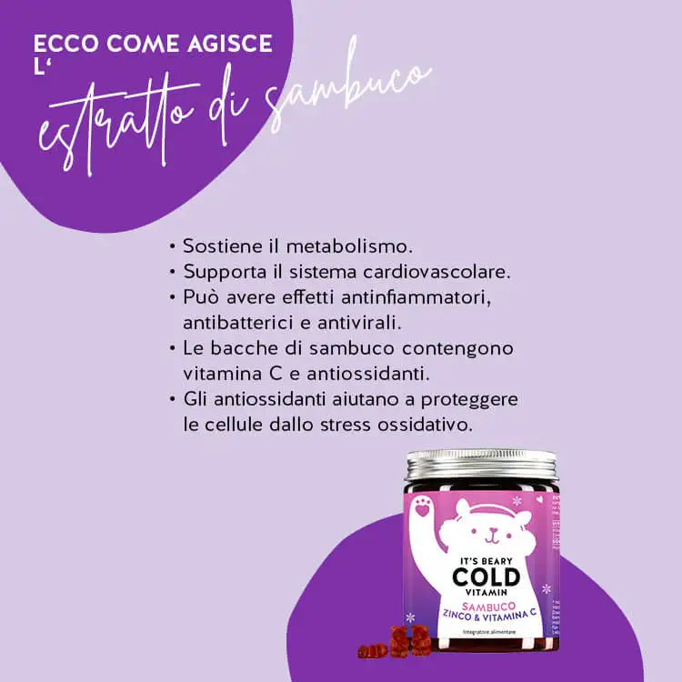 Ecco come funzionano le vitamine It's Beary Cold con bacche di sambuco: Favorisce il metabolismo e il sistema cardiovascolare. Può avere un effetto antinfiammatorio, antibatterico e antivirale. Le bacche di sambuco contengono, tra l'altro, vitamina C e antiossidanti. Gli antiossidanti aiutano a proteggere le cellule dallo stress ossidativo.