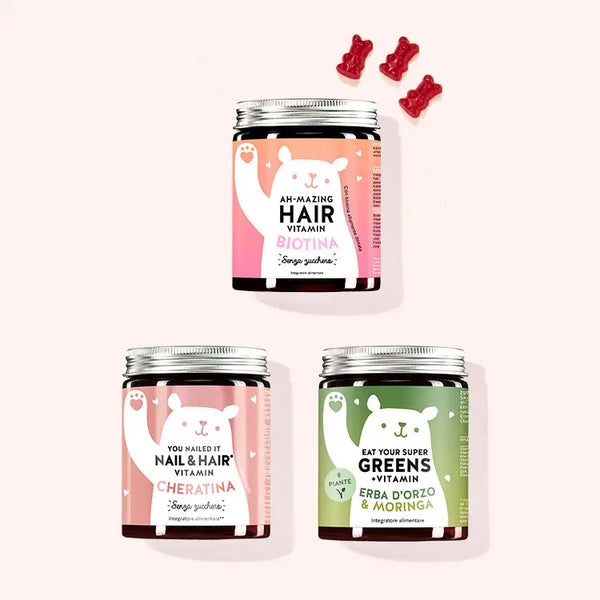 Set di tre prodotti "Set sostegno completo ai capelli" composto da: Ah-Mazing hair con biotina, You Nailed it con cheratina e Eat your Super Greens con erba d'orzo e moringa da Bears with Benefits.