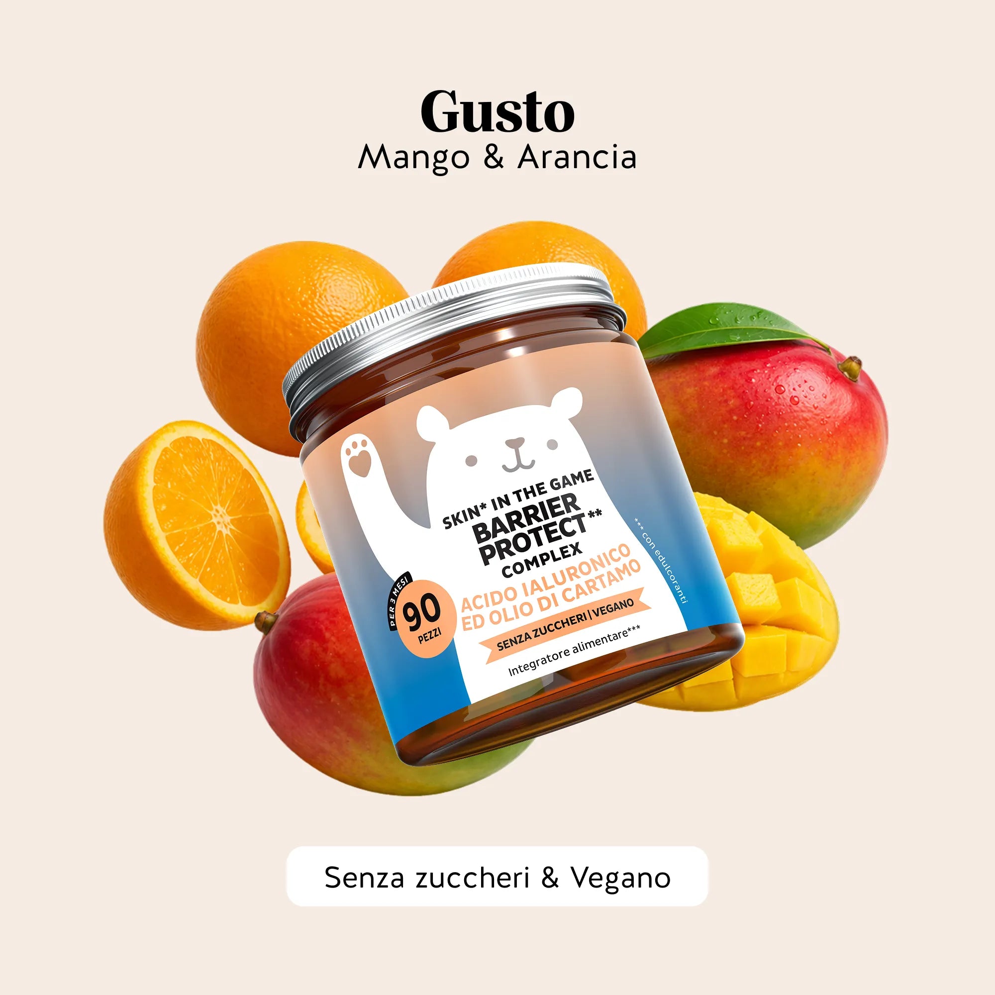 Bears with Benefits Skin* in the Game! Barrier Protect** Complex – Caramelle gommose al gusto mango & arancia con vitamine e zinco per il benessere quotidiano della pelle, 90 pezzi, vegane e senza zuccheri