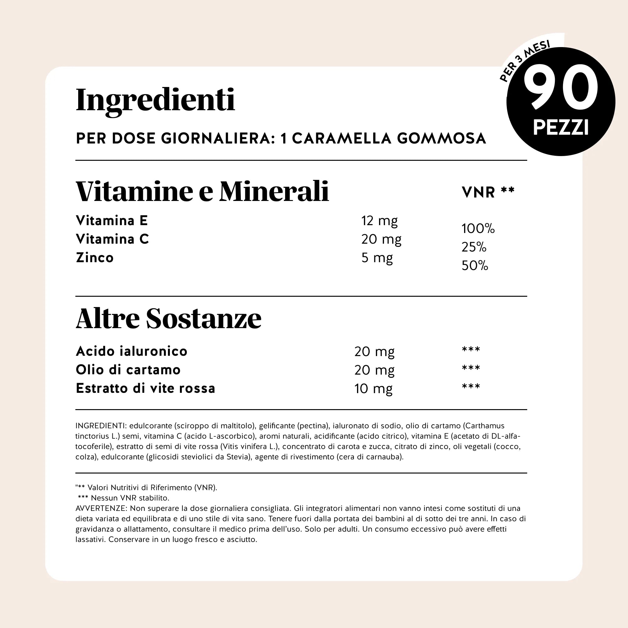 Bears with Benefits Skin* in the Game! Barrier Protect** Complex – Tabella nutrizionale con vitamine, zinco, acido ialuronico e ingredienti selezionati per supportare la pelle e proteggerla dallo stress ossidativo