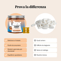 Bears with Benefits Skin* in the Game! Barrier Protect** Complex – Confronto caramelle gommose vs compresse: formato pratico, senza zuccheri e dal gusto mango & arancia per il benessere quotidiano della pelle