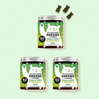 Tre confezioni di vitamine Eat your Super Greens con erba d'orzo, moringa e altre 6 piante da Bears with Benefits come tuttofare per il tuo benessere.