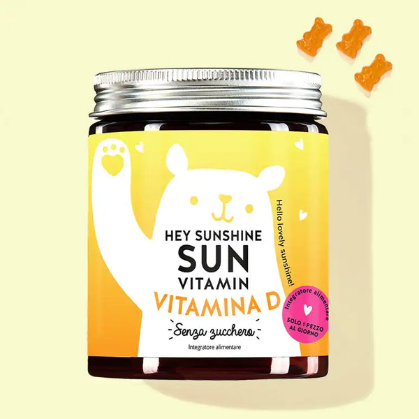 Una confezione di Vitamine Hey Sunshine Sun con vitamina D da Bears with Benefits per il sistema immunitario, ossa e muscoli