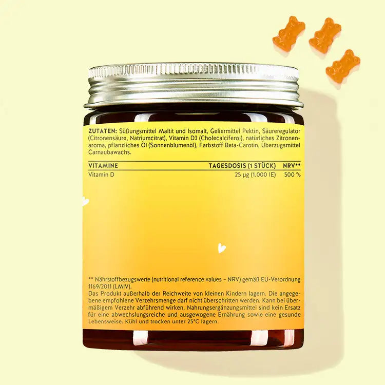 Ecco il retro della confezione degli orsetti solari Hey Sunshine con vitamina D. Mostra le informazioni nutrizionali e l'elenco degli ingredienti del prodotto.