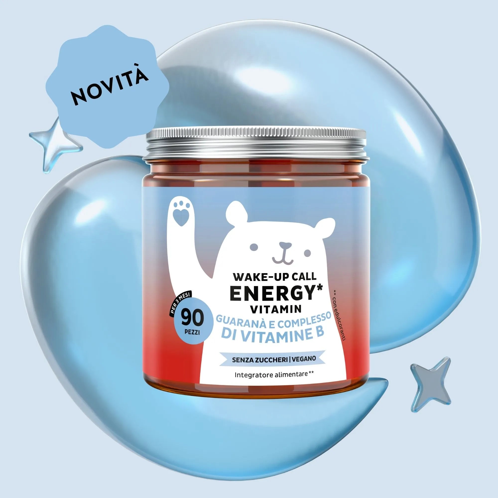 Immagine del barattolo da 90 unità del prodotto Wake Up Call Energy di Bears with Benefits in formato caramelle gommose, per energia fisica e mentale.