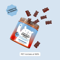 Bears with Benefits Wake-Up Call Energy – Caramelle gommose con vitamine B e guaranà da assumere quotidianamente per supportare energia, vitalità e ridurre la sensazione di stanchezza. Barattolo convenienza con 90 caramelle gommose gusto cola.