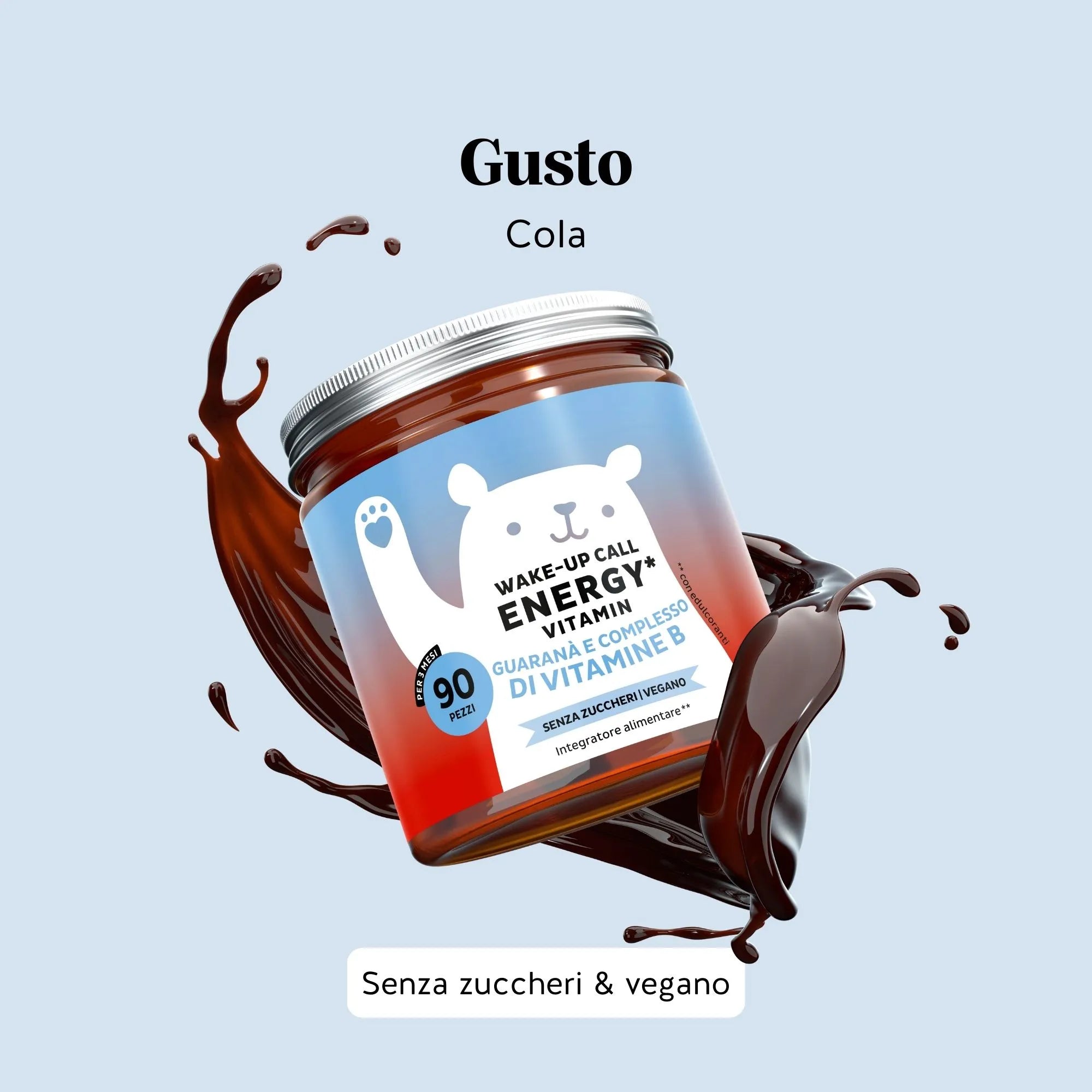 Gusto cola del prodotto Wake Up Call Energy di Bears with Benefits in formato caramelle gommose, per energia fisica e mentale.