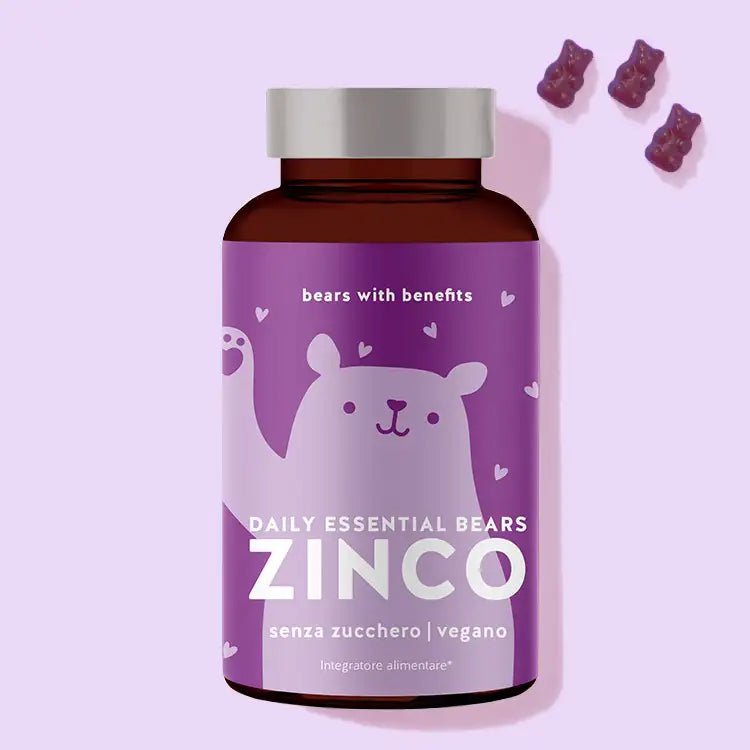 In questa immagine è raffigurata una confezione del prodotto Daily Essential Bears con zinco di Bears with Benefits.