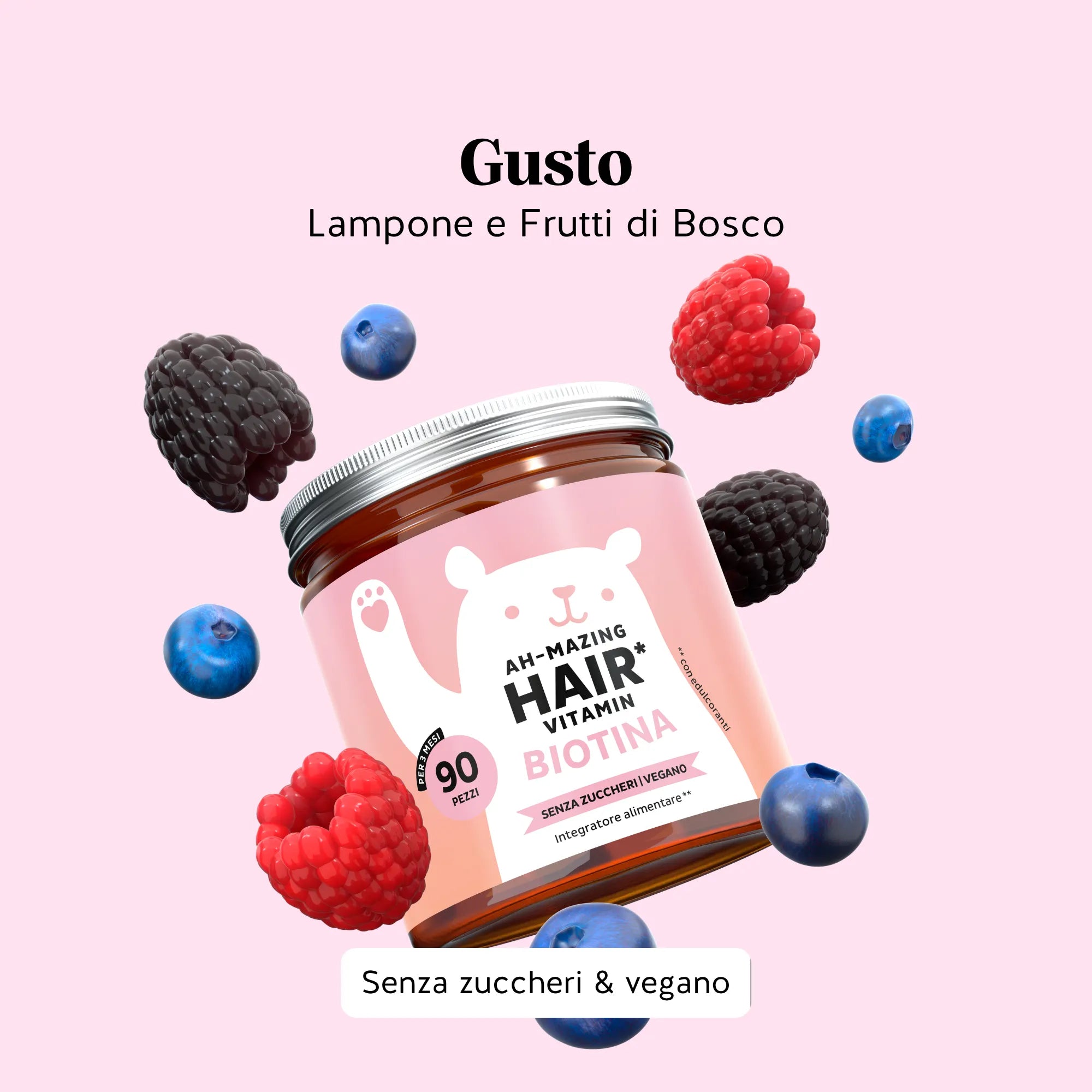 Gusto piacevole degli orsetti gommosi Ah-mazing Hair* Biotina - Senza zucchero di Bears with Benefits, facili e gustosi da assumere ogni giorno, dolcificati con stevia. Barattolo con 90 unità.
