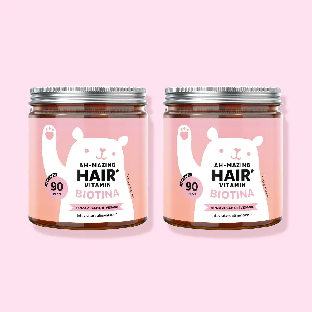 Immagine del pack da 2 barattoli di Ah-mazing Hair* Biotina - Senza zucchero di Bears with Benefits con 180 orsetti gommosi totali per una routine di bellezza prolungata.
