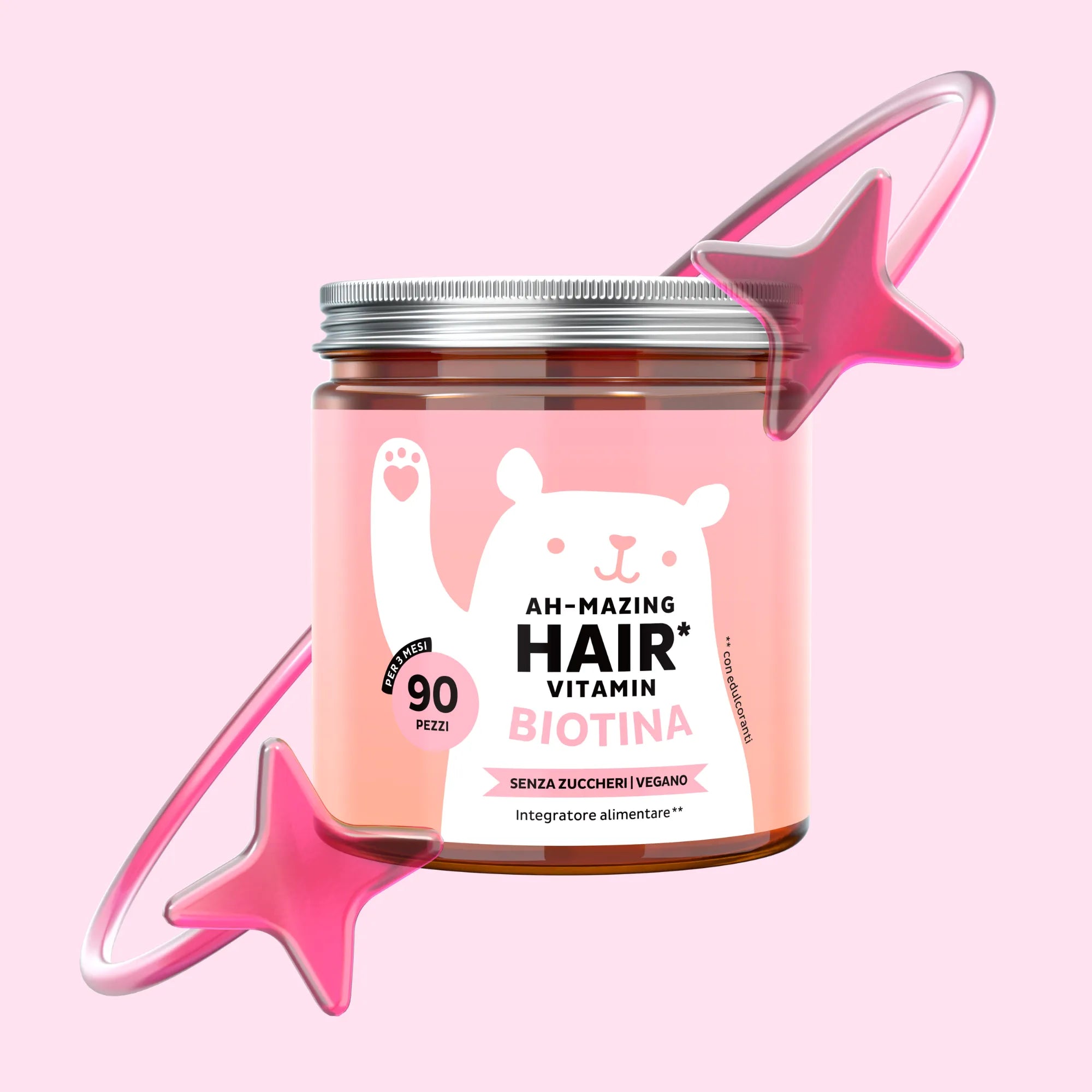 Immagine del barattolo con 90 orsetti gommosi Ah-mazing Hair* Biotina - Senza zucchero di Bears with Benefits, vitamine per capelli con biotina ad alto dosaggio in formato caramelle gommose per supportare capelli, pelle e unghie.
