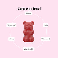 Bears with Benefits Ah-mazing Hair* – Ingredienti degli orsetti gommosi con 10.000 μg di biotina, zinco, vitamina C, vitamina E, vitamina B6 e iodio, formula vegana senza zucchero pensata per accompagnare la routine beauty quotidiana.
