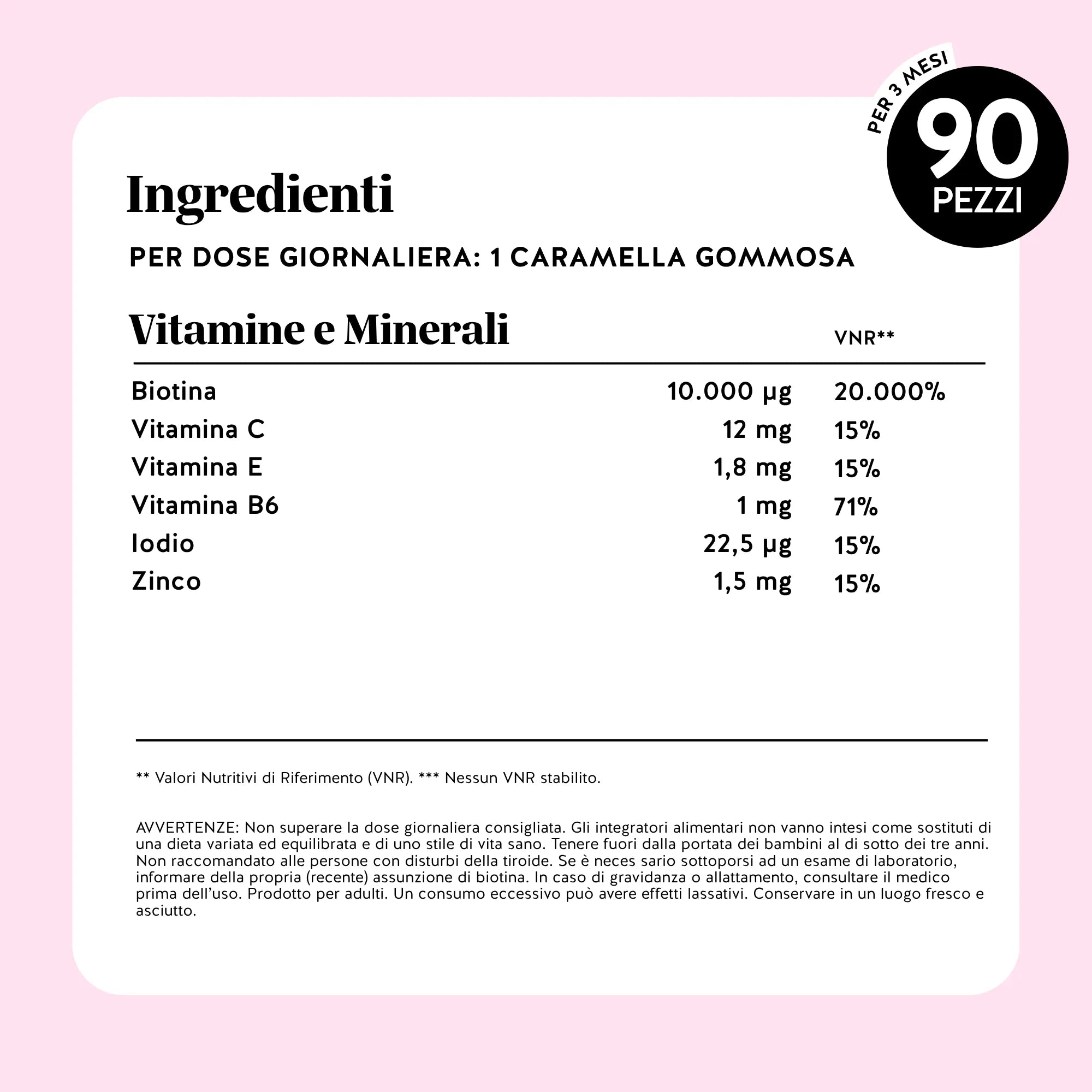 Tabella completa degli ingredienti e dei valori nutrizionali delle caramelle gommose Ah-mazing Hair* Biotina - Senza zucchero di Bears with Benefits.
