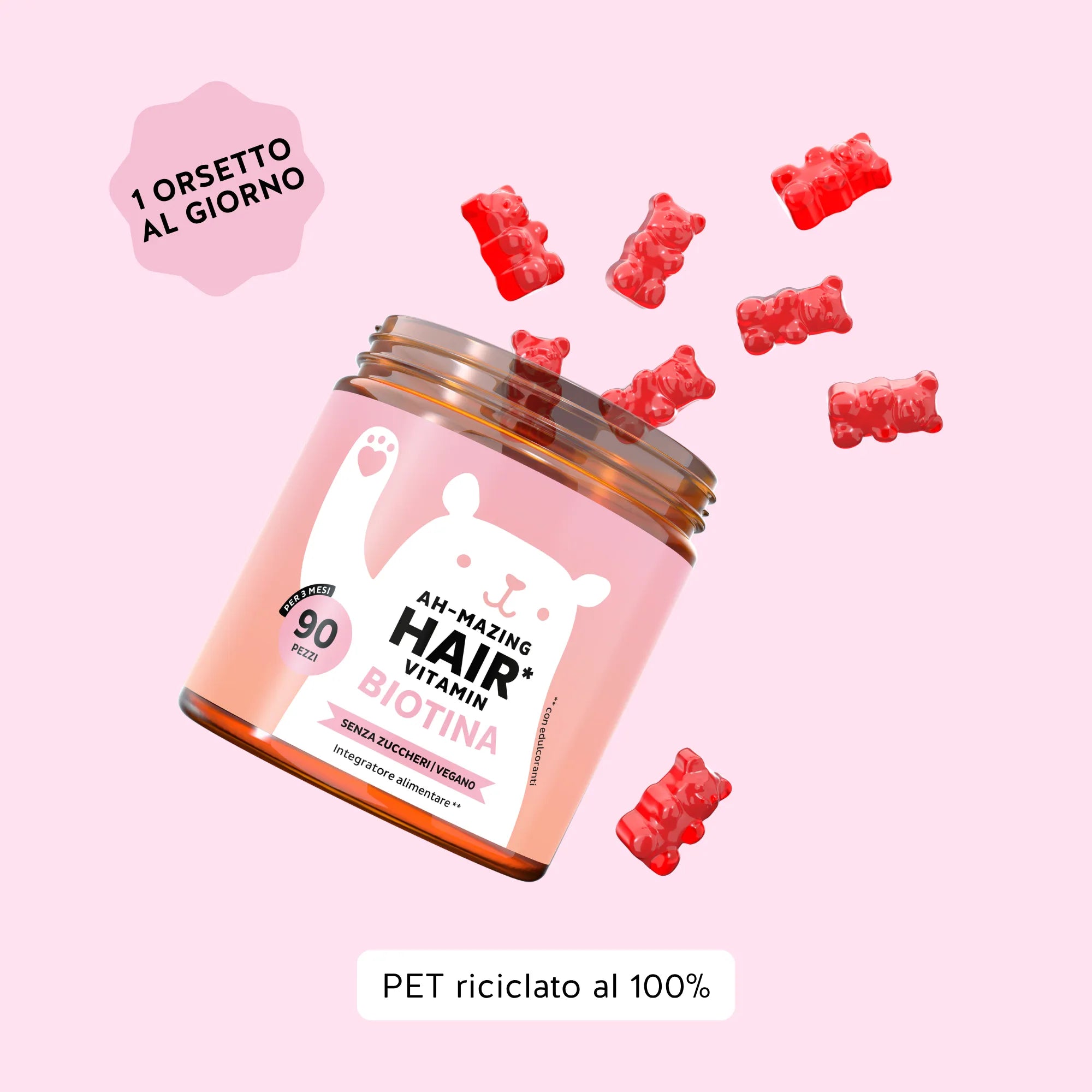 Modalità di assunzione delle caramelle gommose Ah-mazing Hair* Biotina - Senza zucchero di Bears with Benefits: 1 orsetto al giorno. Barattolo con 90 unità.
