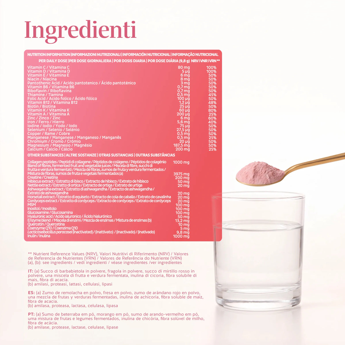 Bears with Benefits Benefits for Her – tabella nutrizionale e lista ingredienti del collagene in polvere gusto fragola, dose giornaliera da 9,8 g.
