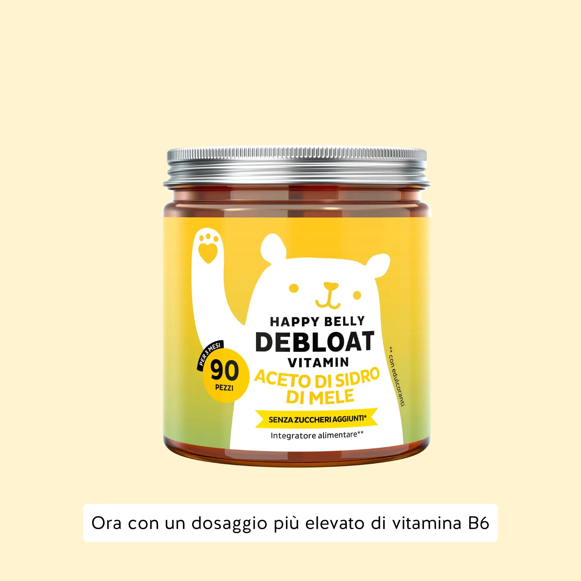 Immagine del barattolo da 90 unità del prodotto Happy Belly Debloat di Bears with Benefits in formato caramelle gommose, per digestione e benessere intestinale.