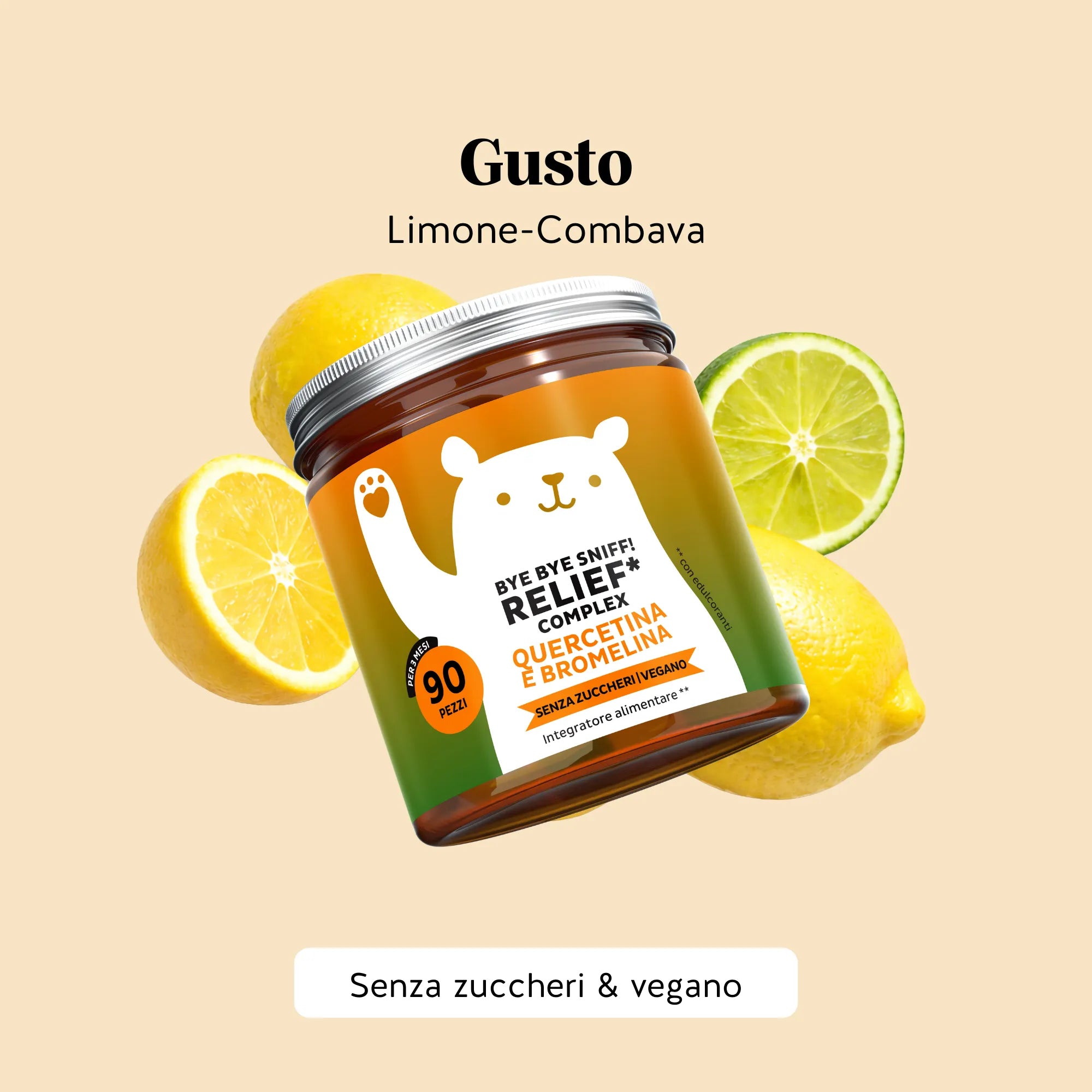 Bears with Benefits Bye bye Sniff! RELIEF* COMPLEX – Caramelle gommose vegane gustose e facili da assumere ogni giorno, formulate per il benessere del sistema immunitario e delle vie respiratorie. Maxi formato con 90 caramelle gommose.