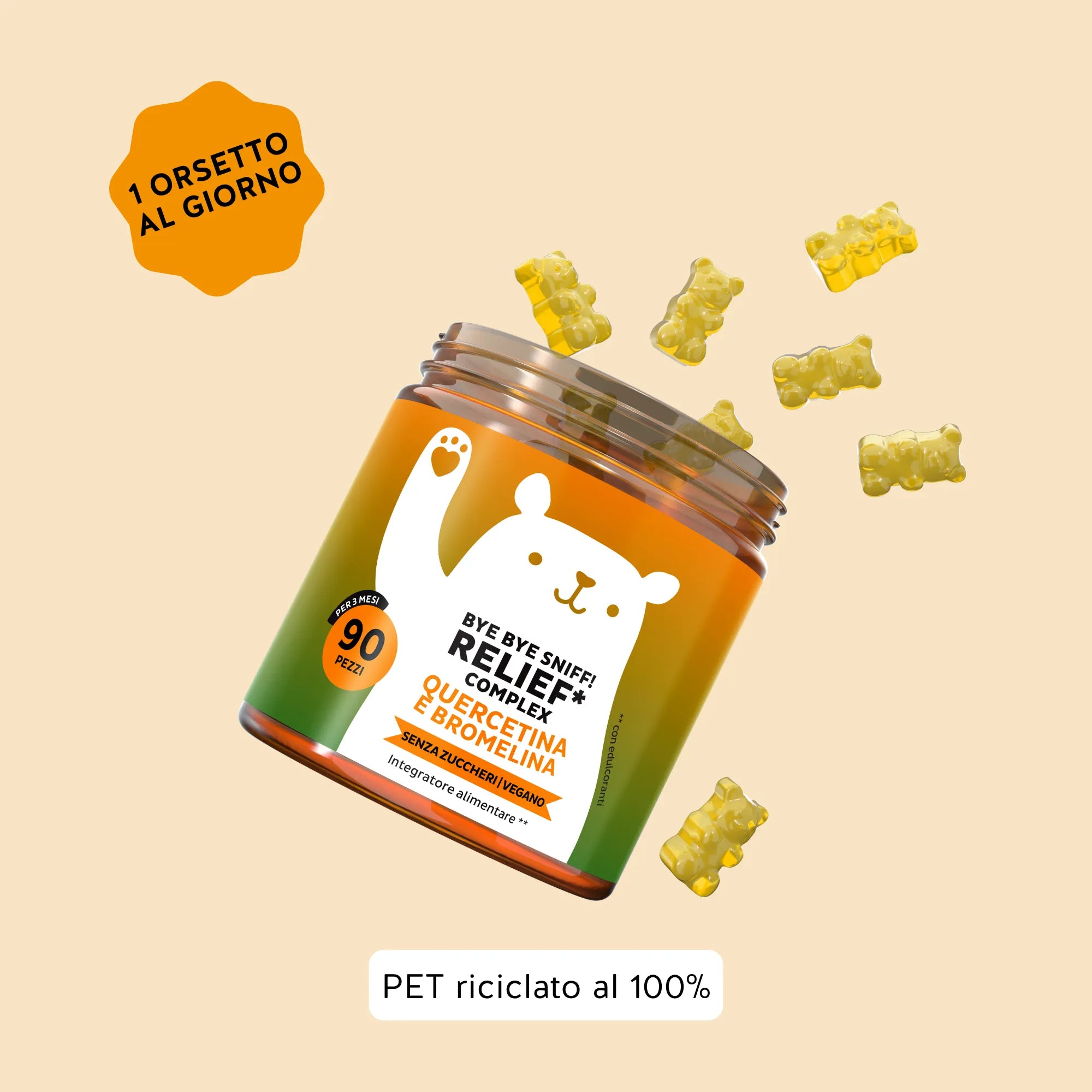 Bears with Benefits Bye bye Sniff! RELIEF* COMPLEX – Integratore alimentare in caramelle gommose con vitamine e attivi selezionati, da assumere con 1 caramella gommosa al giorno. Formato convenienza con 90 caramelle gommose vegane per una routine continuativa.