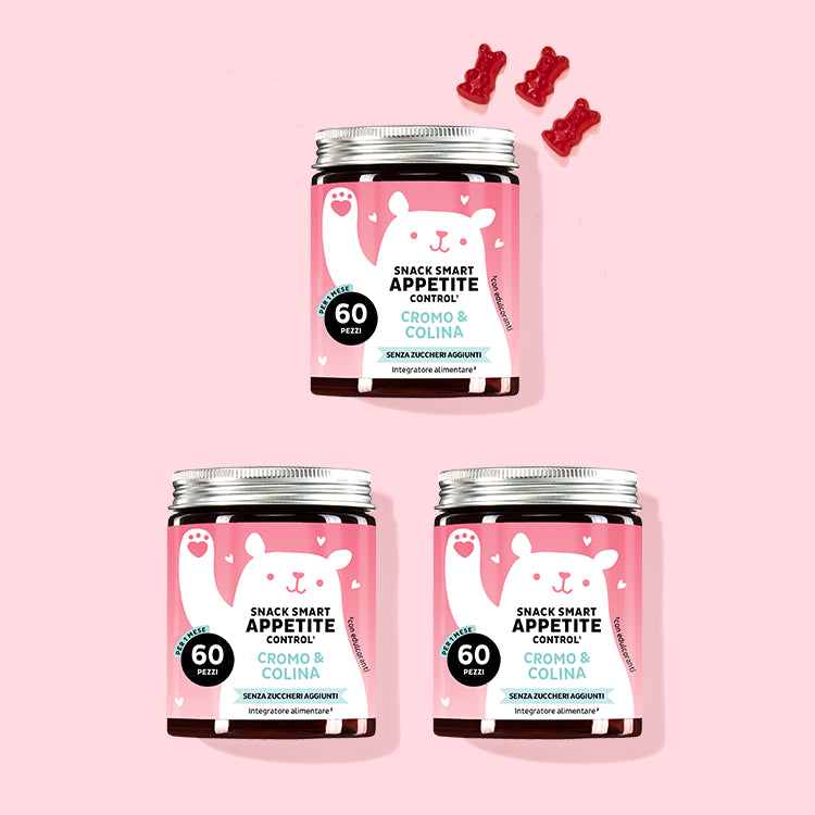 Tre confezioni del prodotto Snack Smart con cromo e colina per controllare la fame. Da Bears with Benefits.