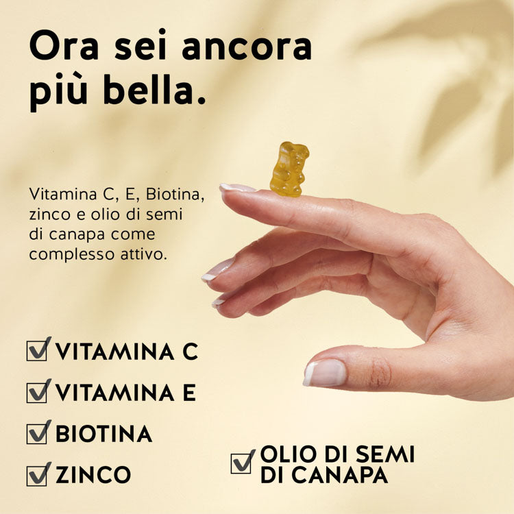 Questi ingredienti e nutrienti si trovano nelle Vitamine All Clear My Dear Skin di Bears with Benefits: Olio di semi di canapa, biotina, zinco, vitamina E e C