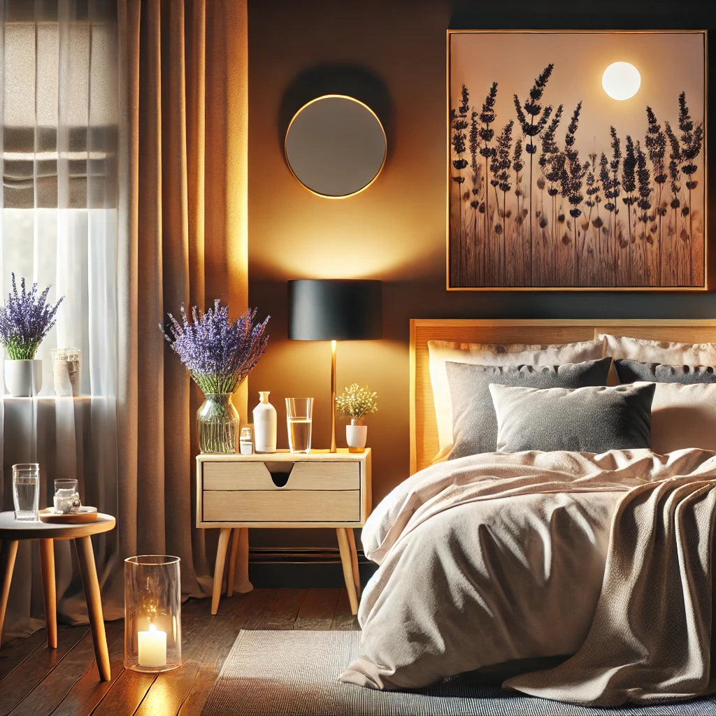 ambiente rilassante con tende oscuranti e lavanda per conciliare il sonno.
