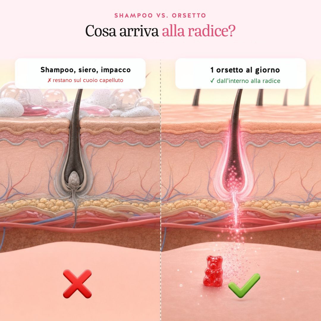 Lo shampoo resta sul cuoio capelluto, l’orsetto arriva alla radice dall’interno
