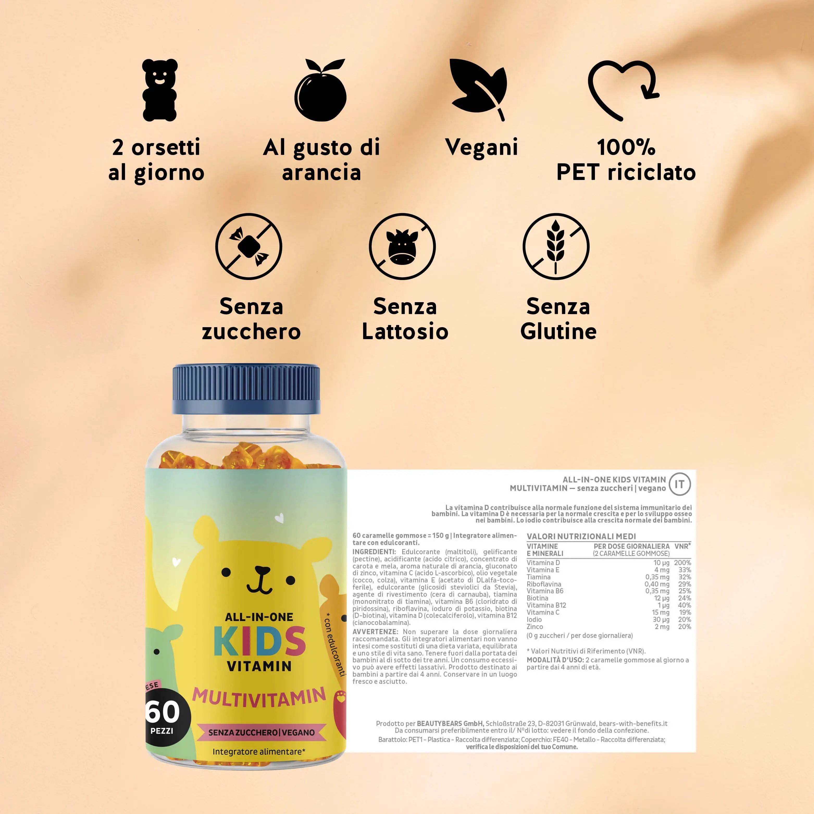 Dose raccomandata e valori nutrizionali del prodotto All in One Kids Multivitamin Da Bears with Benefits.